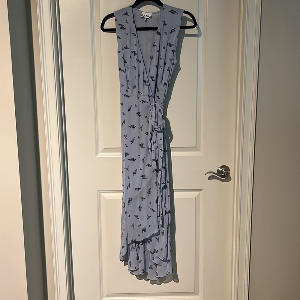 Ganni Ruffled Floral Print Georgette Midi Wrap Dress FR 32